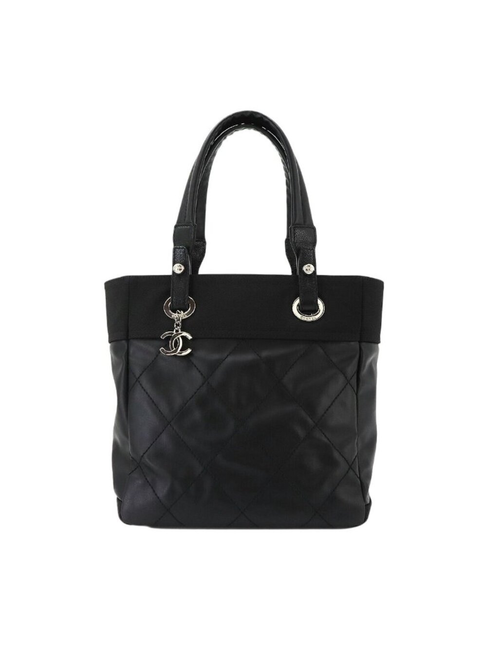 Chanel Paris Biarritz PM Tote Bag Nylon Leather Black Silver